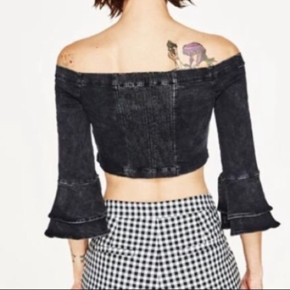 Zara Denim Off The Shoulder Grey Ruffle Top S - Picture 2 of 4